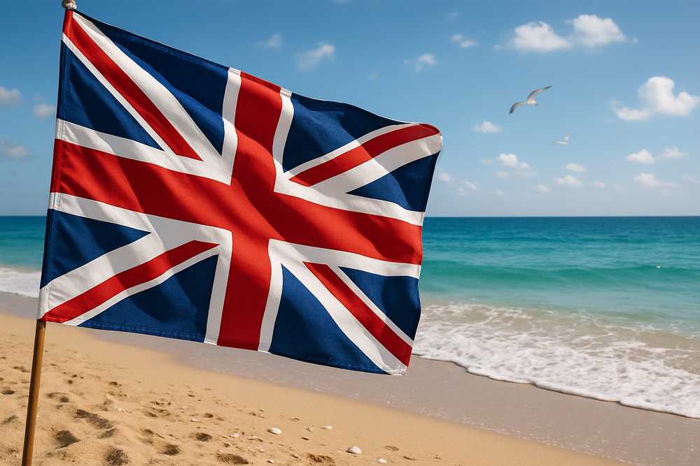great britain flag with the beach behind and ocean