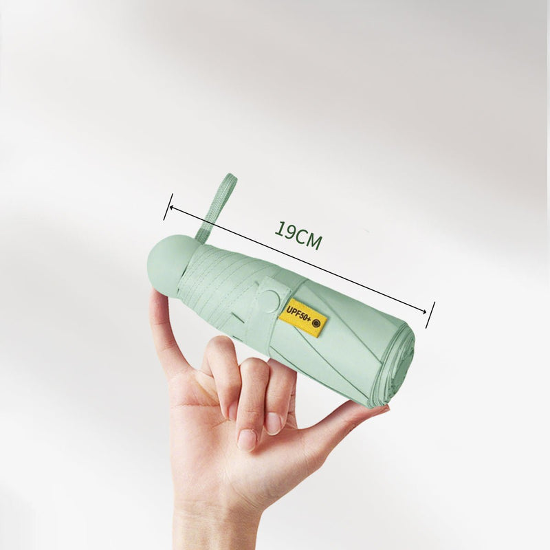 Mint green umbrella held in a hand with dimensions indicated on a light gray background ANNIOU upf 50