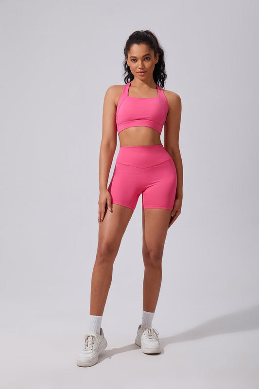pink Scrunch Bum Workout Shorts and sports bra