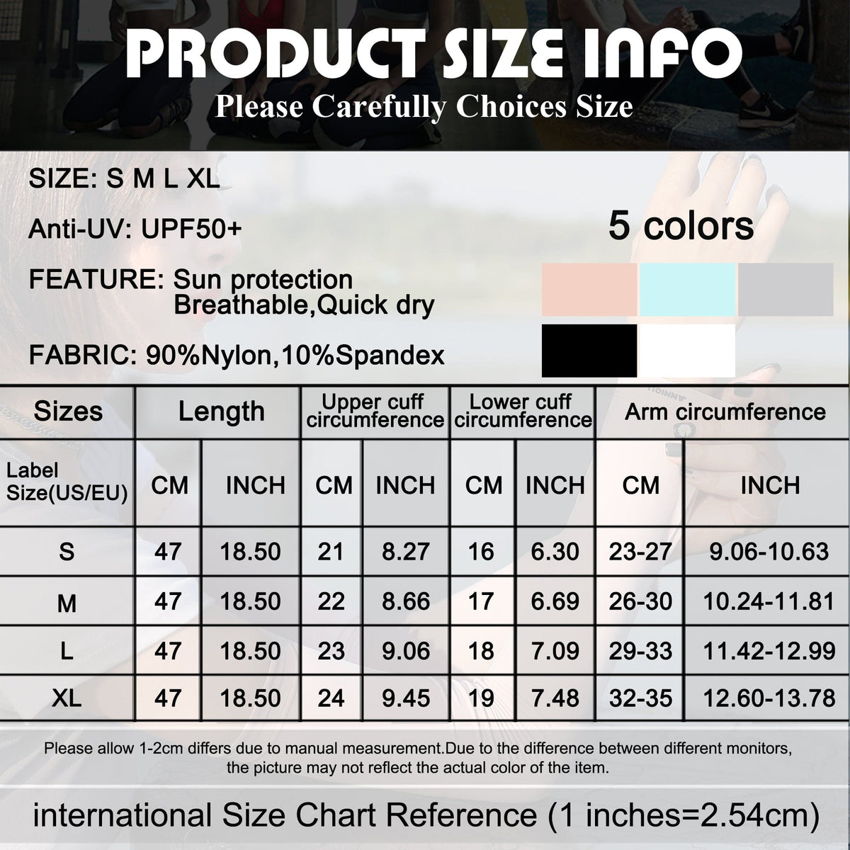 Sun Protection Arm Sleeves size guide