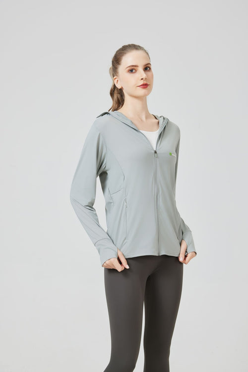 woman wearing a Sun Protection Jacket with zip and UPF 100 protective fabric