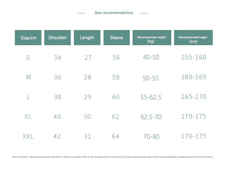 Size recommendations chart for clothing with measurements in centimeters and milligrams.