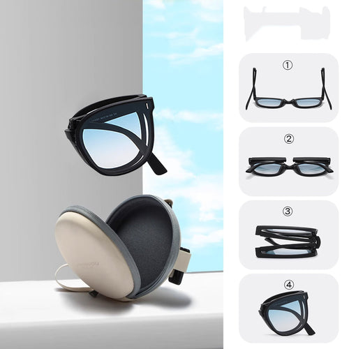 Black sunglasses with a carrying case on a light gray background sun protection foldable