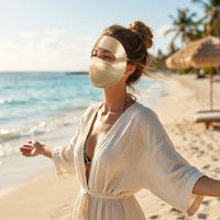 Woman wearing a Gold 100% Mulberry Silk Sunscreen Face Mask