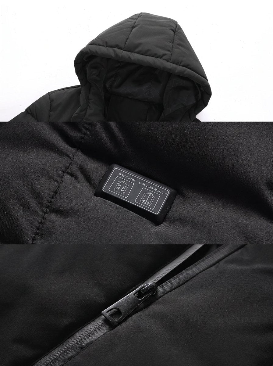 hood and dual switch details of #Black 11 Area Heated Padded Jacket