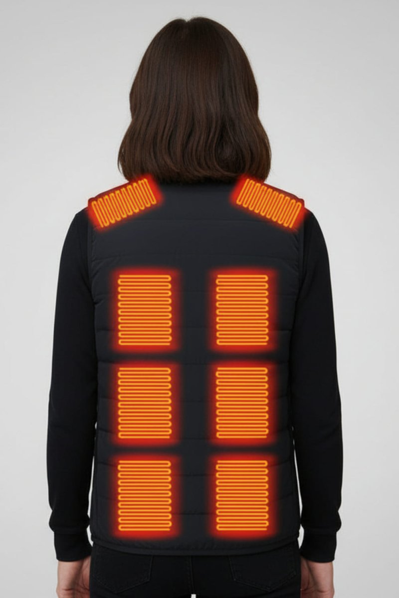 women's black v-neck heated vest Back with 8 heat zones