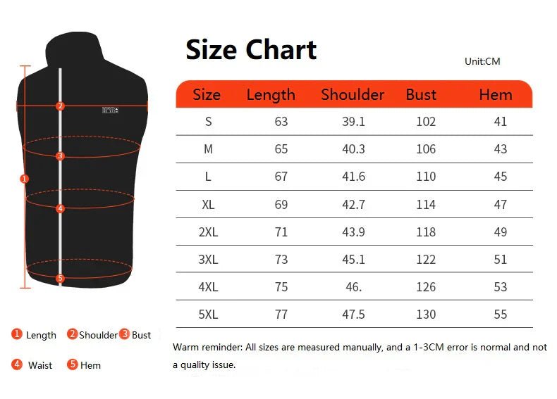 Size chart for a black vest with measurements in centimeters