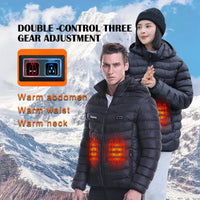 Two people wearing heated jackets with mountainous background