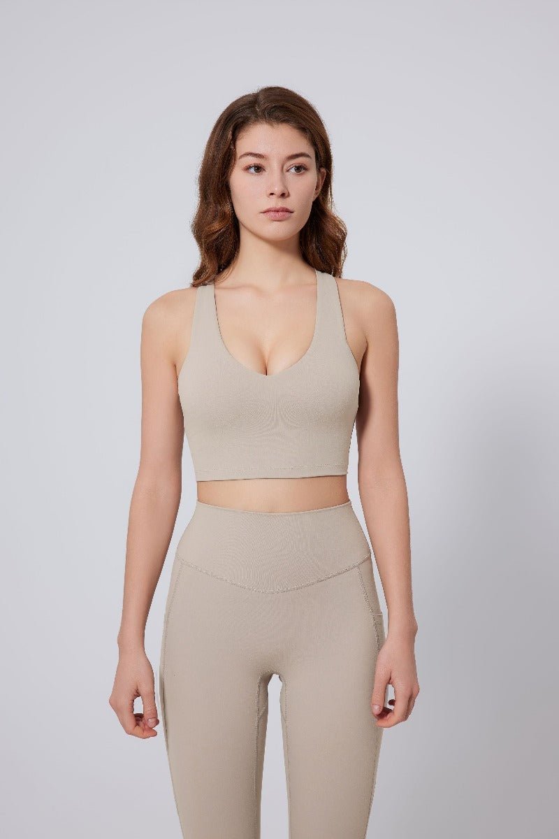 Beige V Neck Sports Bra UPF50+ Leggings 
