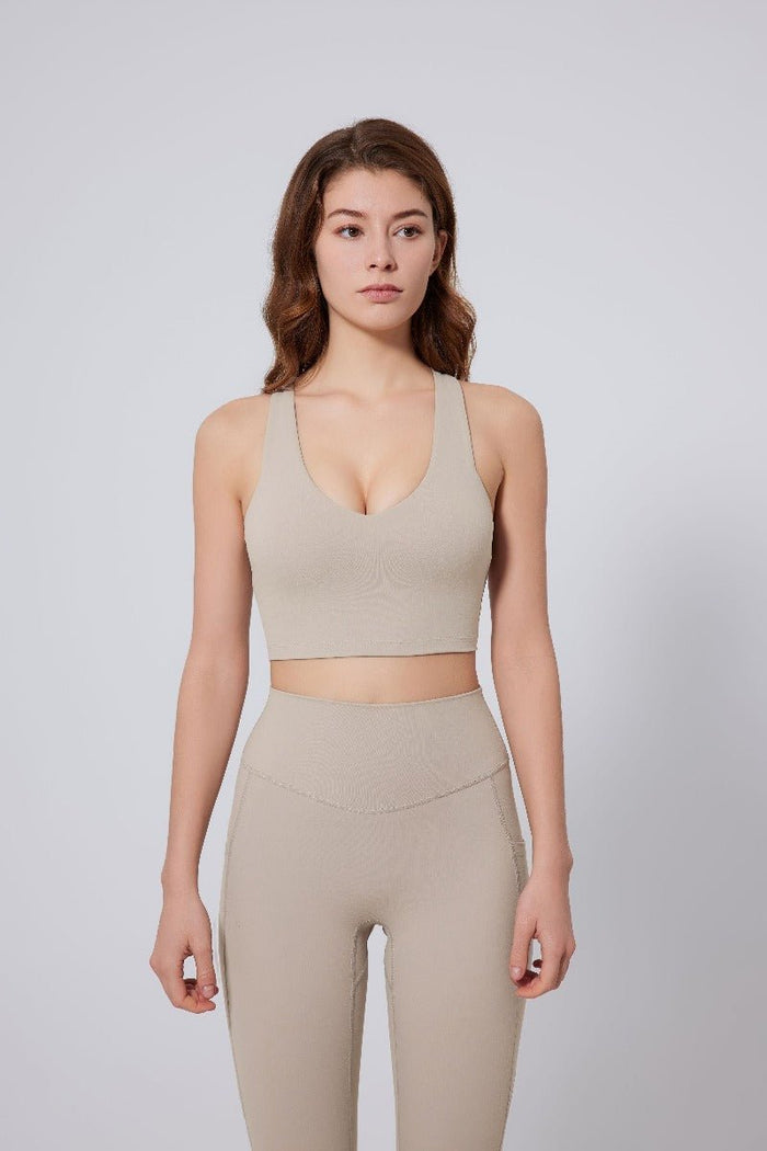Beige V Neck Sports Bra UPF50+ Leggings 