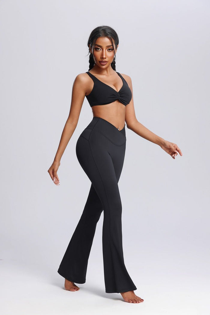 Black Front Twist  Sports Bra and leggings  by Anniou