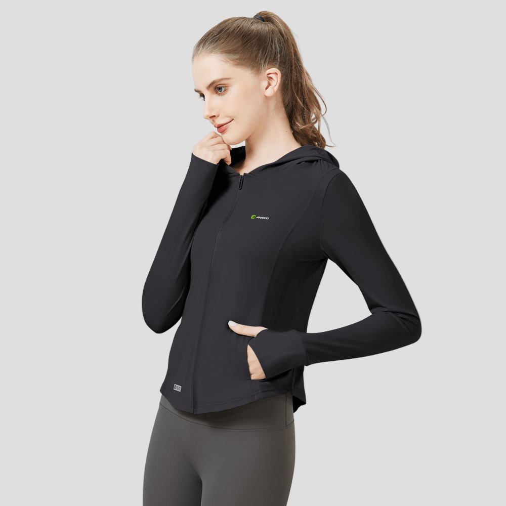 Black Slim Hooded Sun Protection Sports Jacket UPF 50+