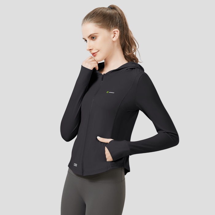 Black Slim Hooded Sun Protection Sports Jacket UPF 50+