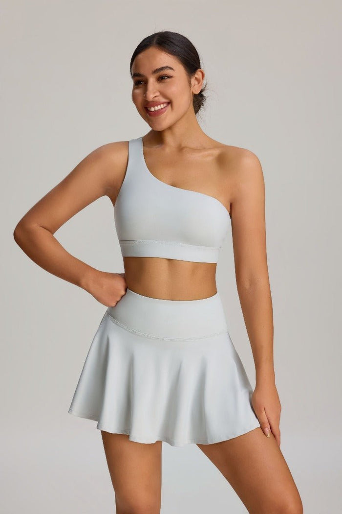 Light Gray Shock Proof One Shoulder Sports Bra and skirt