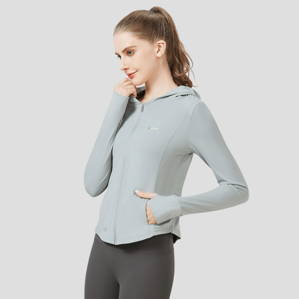 Light Grey Slim Hooded Sun Protection Sports Jacket UPF 50+