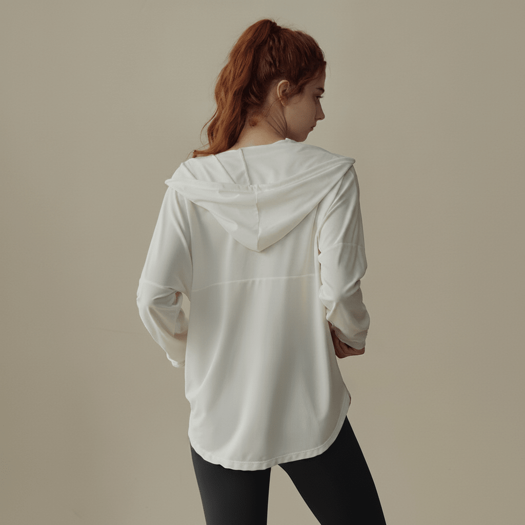Rear of Hooded Zip Up Fitness Top  UPF 50+
