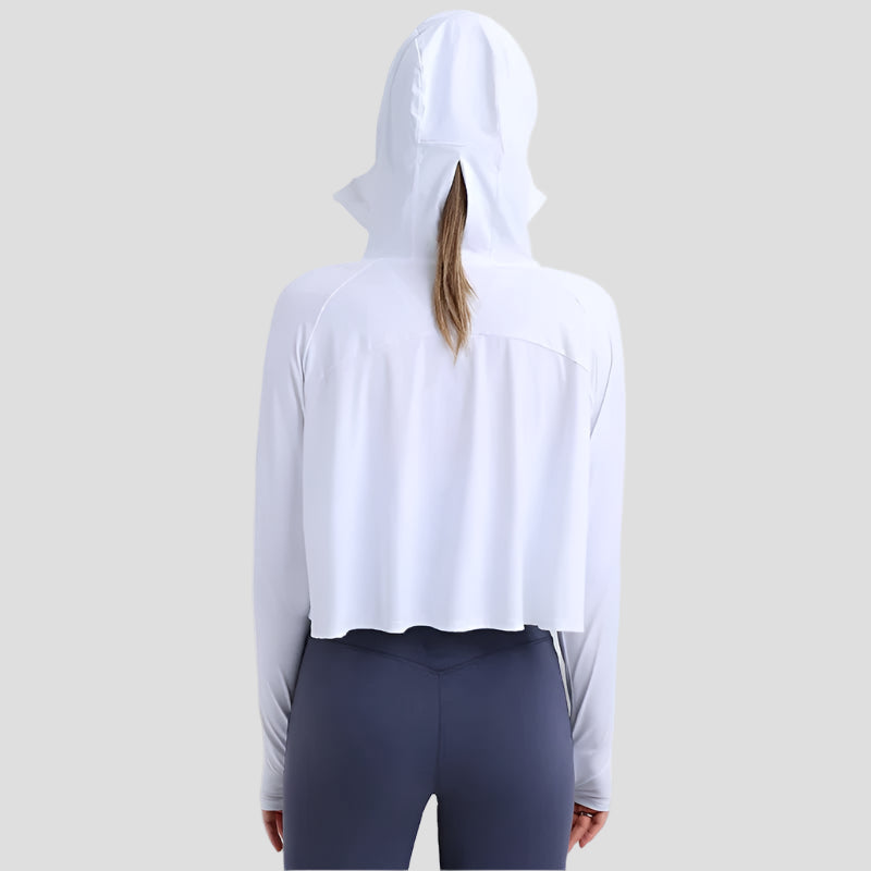 UPF 50+ Hooded Cropped Shirt pony tail design hole 