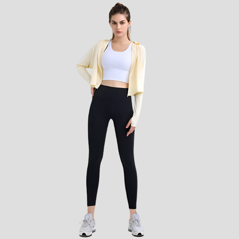 UPF 50+ Light Yellow Hooded Cropped Shirt and Black leggings