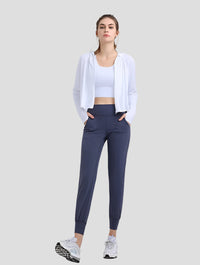 UPF 50+ White Hooded Cropped Shirt and Blue leggings