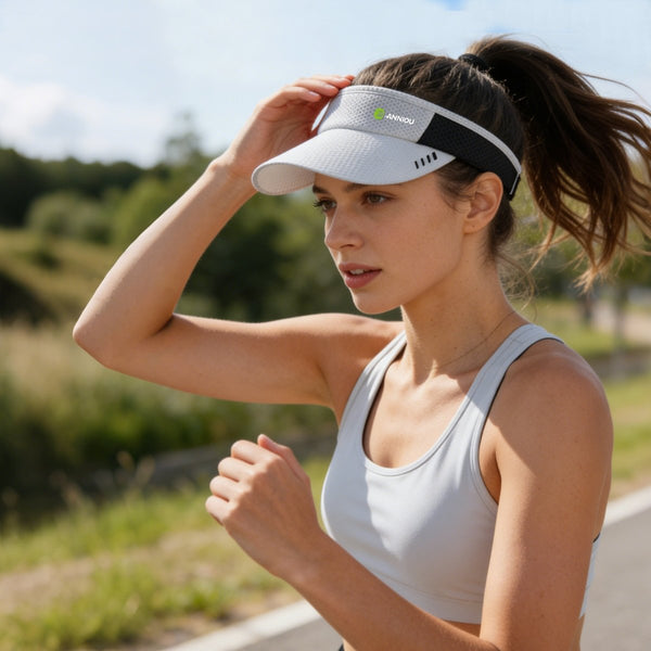Woman Wearing a White Golf Visor UPF 50+