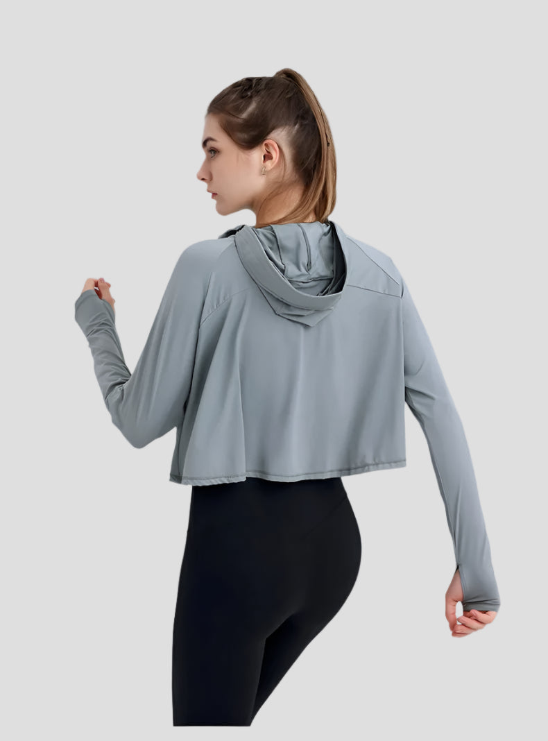 Womens grey UPF 50+ Hooded Cropped Shirt back