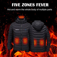 Black heated jacket with 5 heating elements on a fiery background, featuring the brand 'Amiscou'.