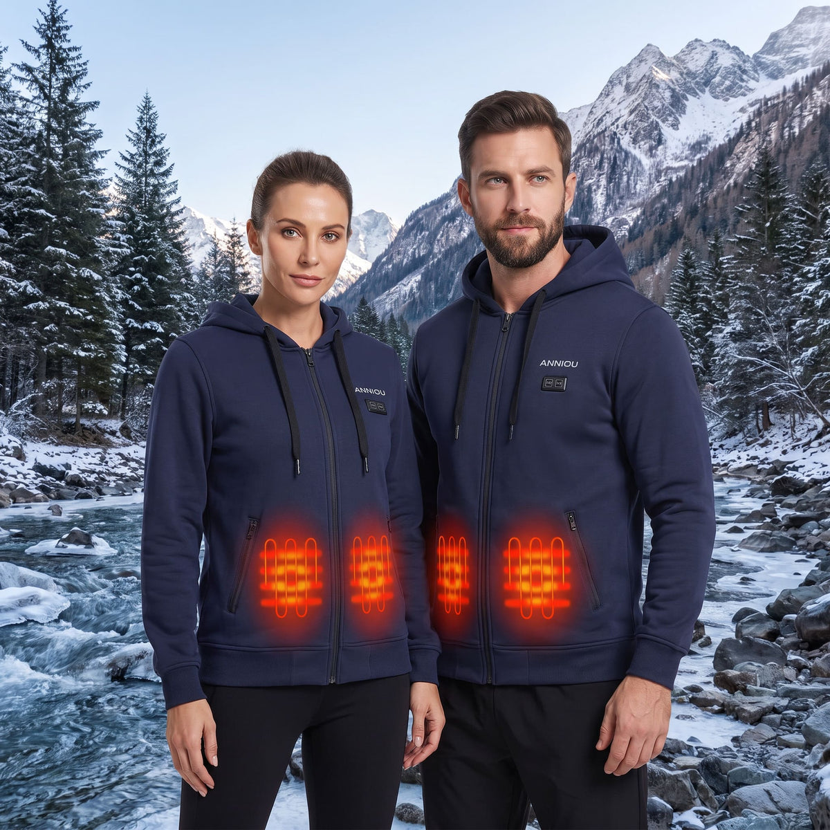 A man and a woman wearing matching navy blue zip-up hoodies with glowing orange heat-map graphics over their abdomens, standing in a snowy mountain landscape with a river in the background. The hoodies have a small visible brand patch reading 'ANNOUX'.