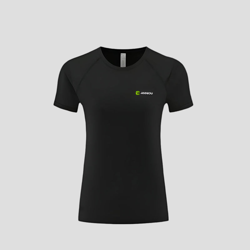 Womens Antibacterial UPF 50+ T-Shirt in black with a Anniou logo on a white background