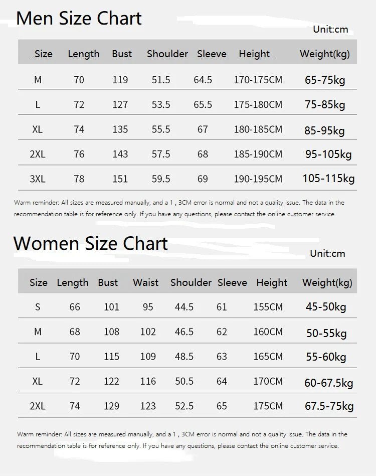 Size charts for men and women with measurements and weight ranges.