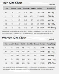 Size charts for men and women with measurements and weight ranges.