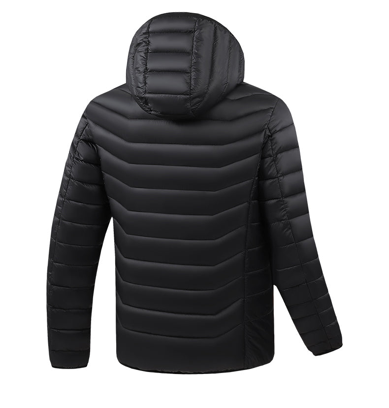 Black puffer jacket with a hood on a white background heated hood
