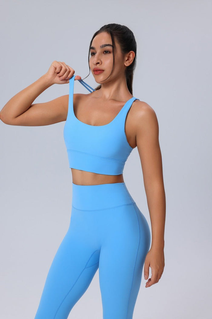 blue Crisscross Back Sports Bra and yoga high waist leggings 