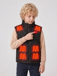 Smiling boy with partially unzipped kids heated vest, display inner hoodie layering effect, glowing red heating pads, versatile children winter heated giletChild pointing finger at control button on kids heated vest, glowing red heating elements on shoulders and chest, show adjustable heating function for children gilet