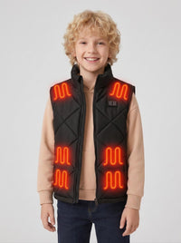 Smiling boy with partially unzipped kids heated vest, display inner hoodie layering effect, glowing red heating pads, versatile children winter heated gilet