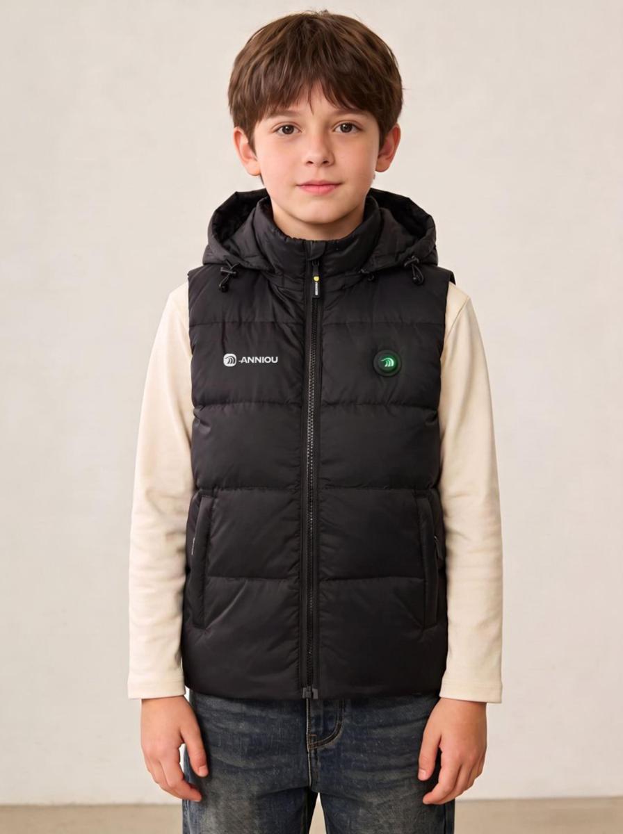 Boys wear a hooded heated puffer gilet with zip by Anniou