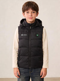 Boys wear a hooded heated puffer gilet with zip by Anniou