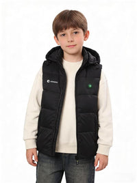 A cute boy wearing a black heated hooded puffer vest. The heated gilet has a visible white 'ANNIOU' logo on the right chest.