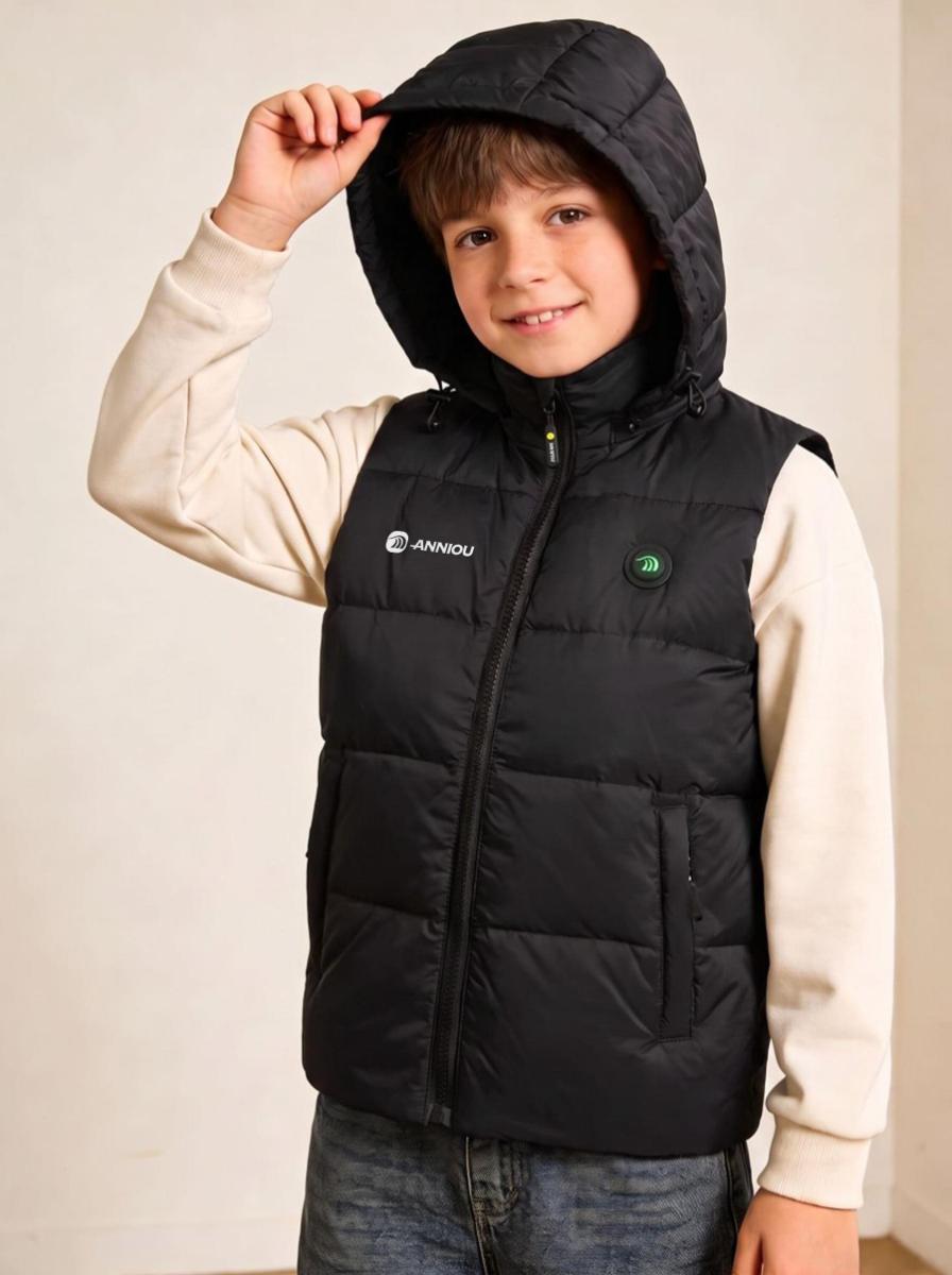A cute boy wearing a black heated hooded puffer vest over a cream long-sleeve shirt and blue jeans.