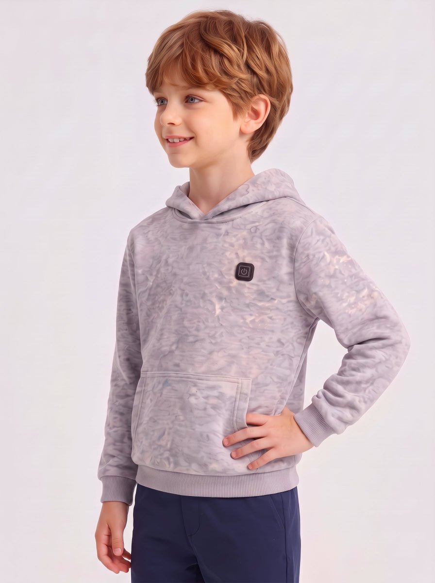 Smiling 8-9 year old white boy model, heather grey marled fleece heated hoodie with chest power control button and front kangaroo pocket, studio e-commerce product photo, kids warm hooded sweatshirt