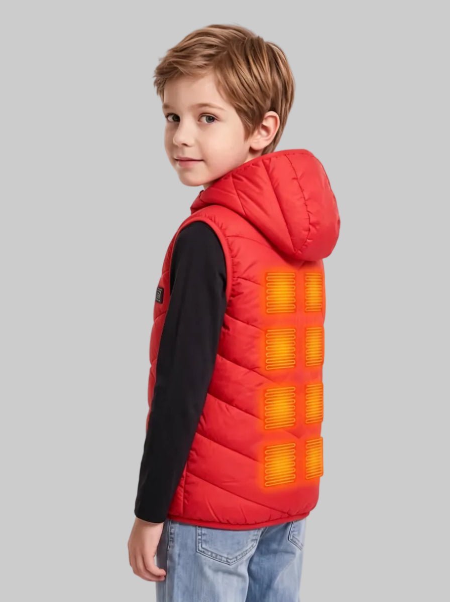back three‑quarter view of young boy wearing red kids hooded heated vest, glowing orange heating pad zones on vest back, black long‑sleeve undershirt, light blue jeans,