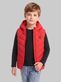 Young boy model in bright red kids heated hooded puffer vest, open front zipper, quilted thermal sleeveless gilet, small heating control badge, plain white studio background, children warm outerwear waistcoat
