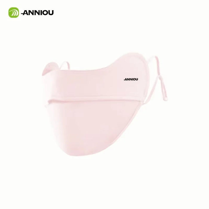 women's pink breathable face mask UPF 50+ with 'ANNIOU' branding