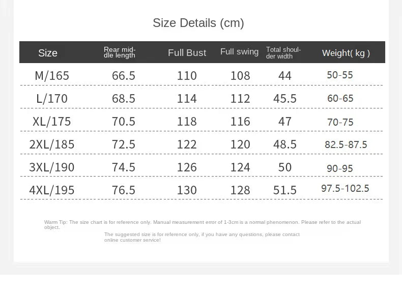 Size chart for clothing measurements in centimeters and kilograms.