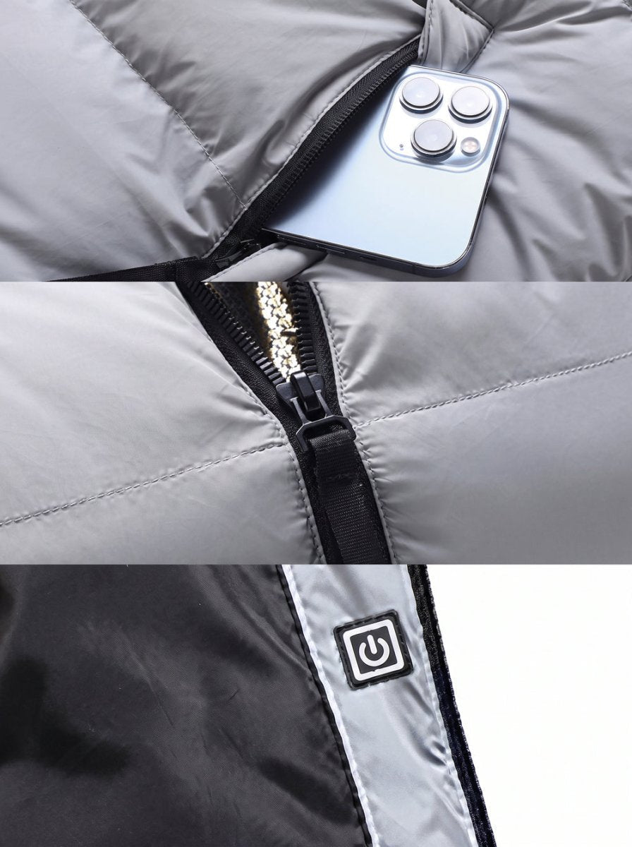 zipper pocket and switch details of Grey Color Block Heated Quilted Jacket