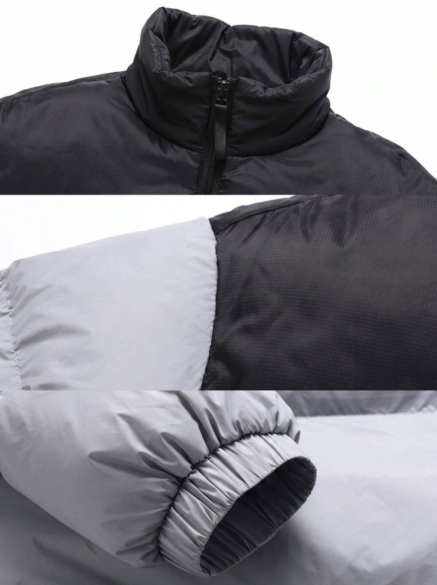 Stand Collar and Cuff details of Grey Color Block Heated Quilted Jacket
