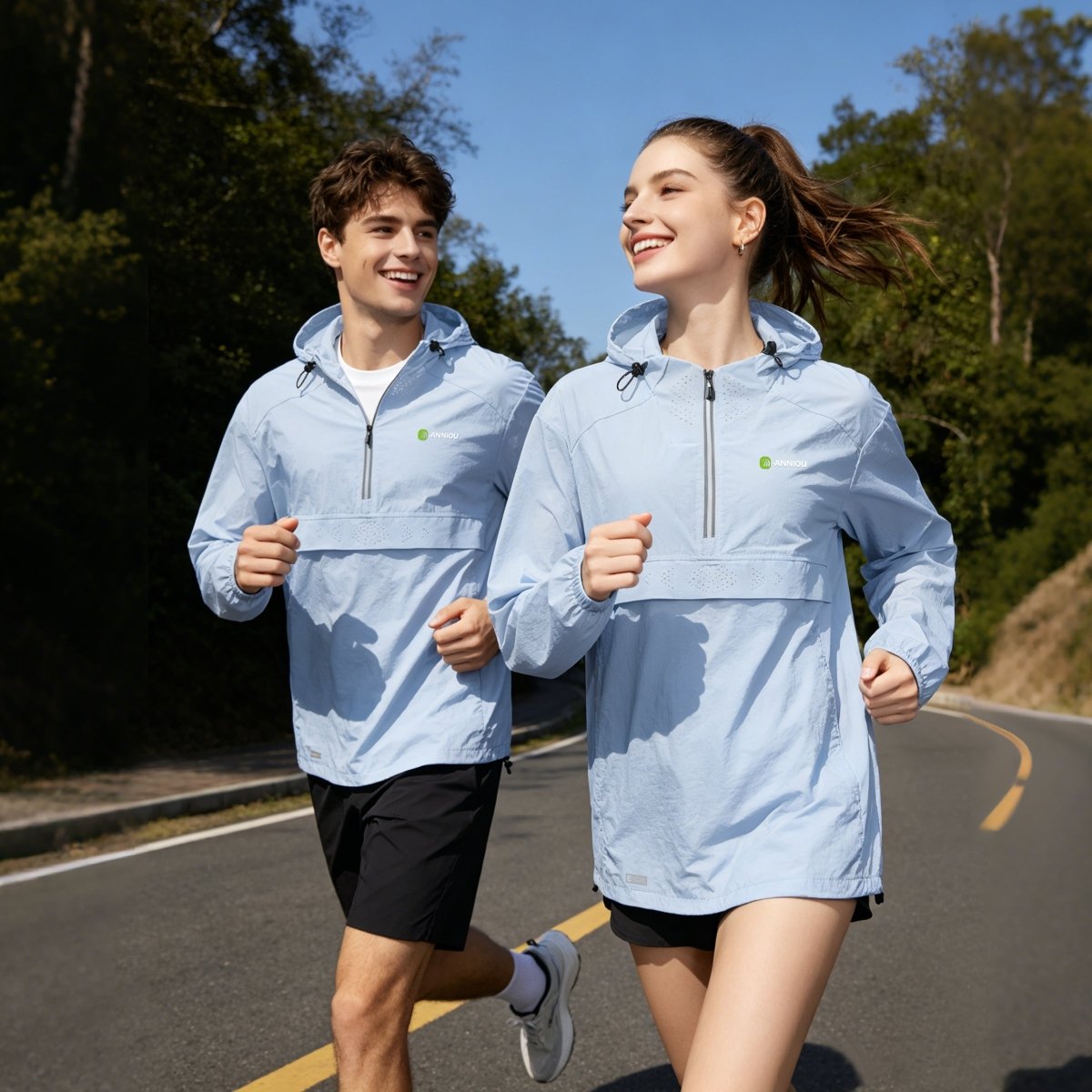 Man and woman running with a light blue Cooling Quick  drying UV Jacket