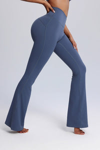 high Waist Flared blue yoga pants with butt lift