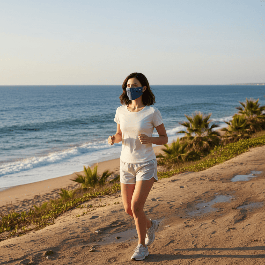 Woman jogging on a beach path with ocean view wearing a face mask UPF 50+