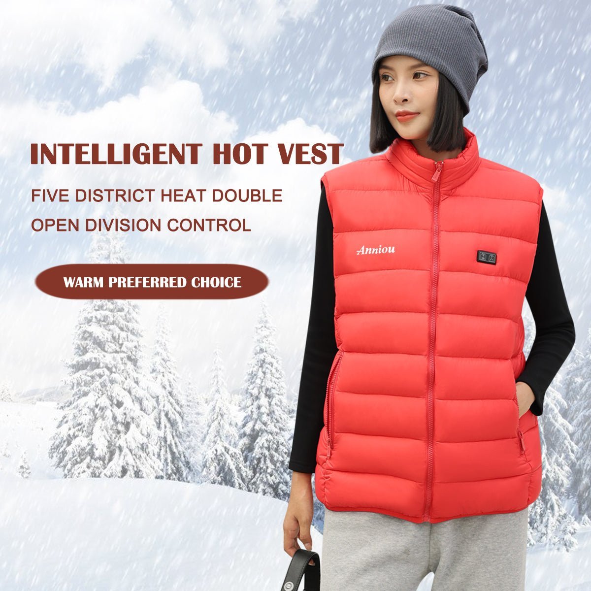 woman wearing a Dual Switch Heated Gilet in red with five heat zones