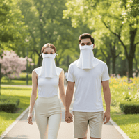 Two people walking in a park wearing sun protection face masks.